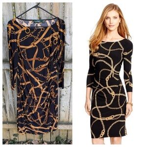 Lauren Ralph Lauren Belting Print Equestrian Dress chains bridle bit 3/4 slv 14
